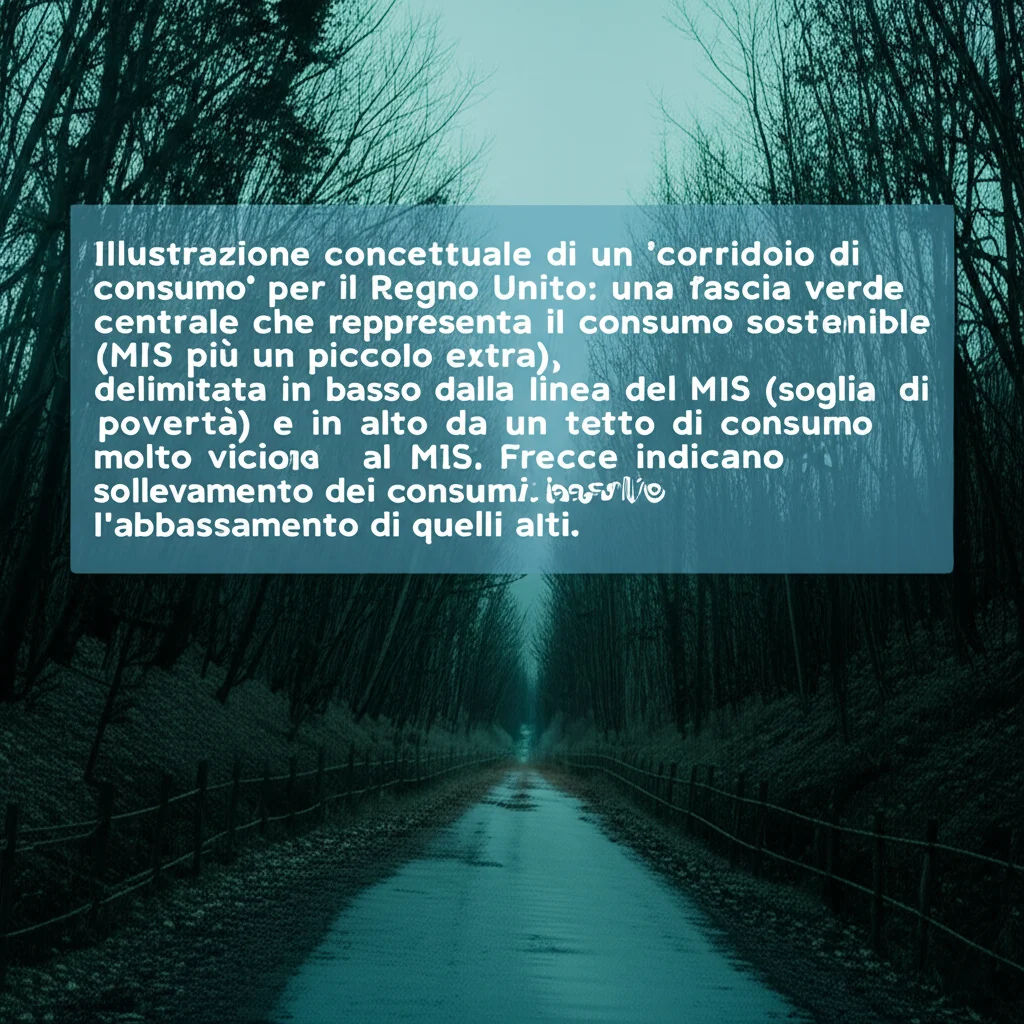 Illustrazione concettuale di un 'corridoio di consumo' per il Regno Unito: una fascia verde centrale che rappresenta il consumo sostenibile (MIS più un piccolo extra), delimitata in basso dalla linea del MIS (soglia di povertà) e in alto da un tetto di consumo molto vicino al MIS. Frecce indicano il sollevamento dei consumi bassi e l'abbassamento di quelli alti. Prime lens, 35mm, depth of field, duotone blu e verde per chiarezza concettuale.