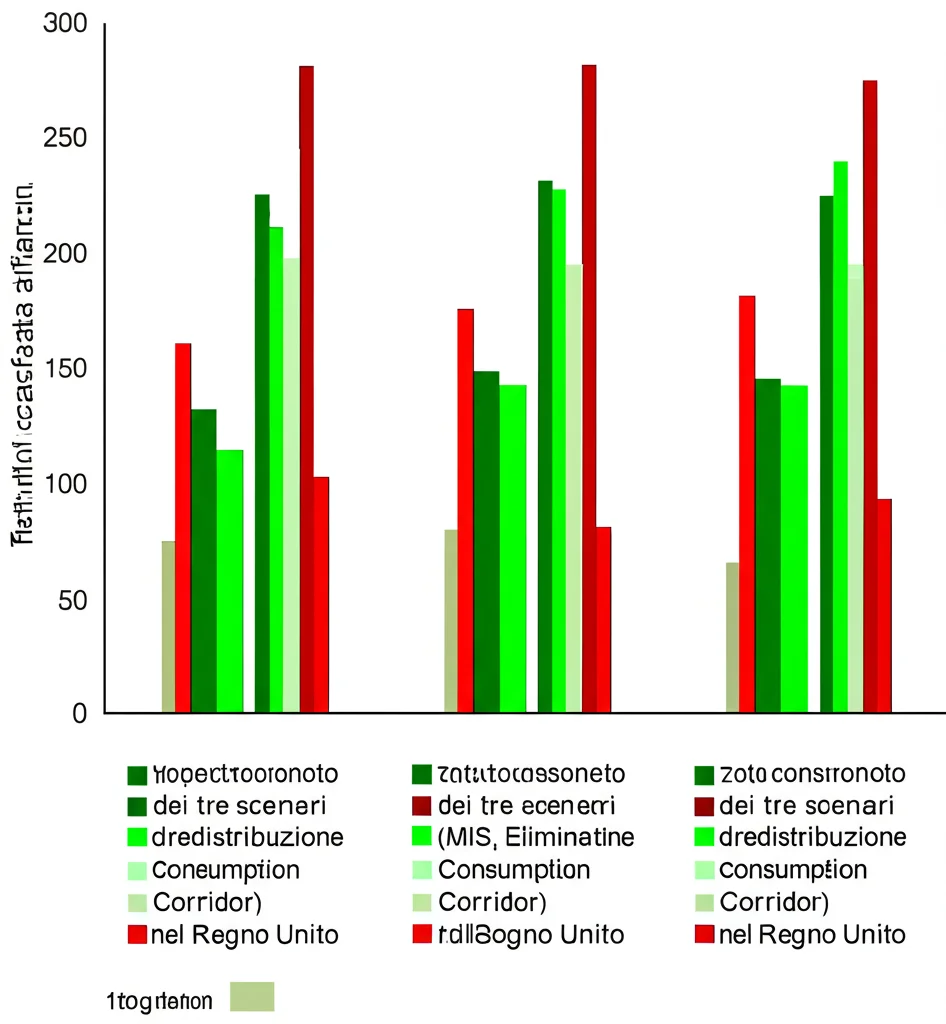 Una serie di tre grafici a cascata affiancati, che mostrano l'impatto dei tre scenari di redistribuzione dei consumi (MIS, Eliminating Poverty, Consumption Corridor) sulle emissioni di CO2 e sull'uso di energia nel Regno Unito. I grafici utilizzano barre di colori diversi (es. verde per riduzioni, rosso per aumenti) per visualizzare i cambiamenti per categoria di consumo e il totale. Macro lens, 100mm, high detail, precise focusing per la leggibilità dei dati numerici e delle etichette.