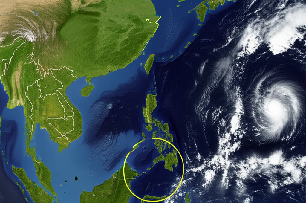 Vista aerea drammatica del tifone Lekima sul Mar Giallo e Mar Cinese Orientale, mostrando le acque agitate e la potenziale mescolanza vicino alla foce del fiume Changjiang. Obiettivo grandangolare 15mm, lunga esposizione per nuvole vorticose, focus nitido sull'interazione acqua-tempesta.