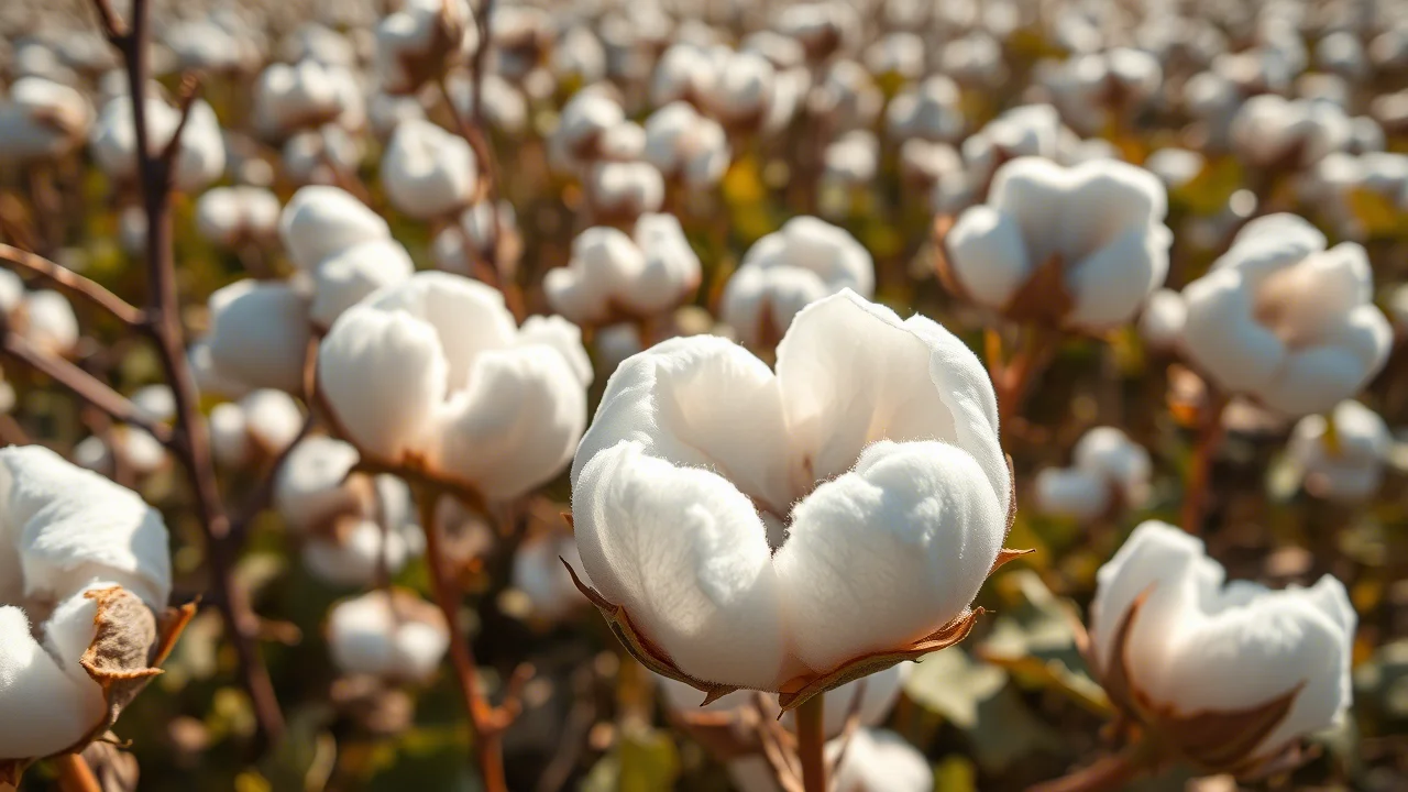 Macro 100mm, campo di cotone maturo in una giornata di sole, con capsule di cotone aperte che mostrano la fibra bianca e soffice, illuminazione controllata per evidenziare la texture della fibra, alta definizione.