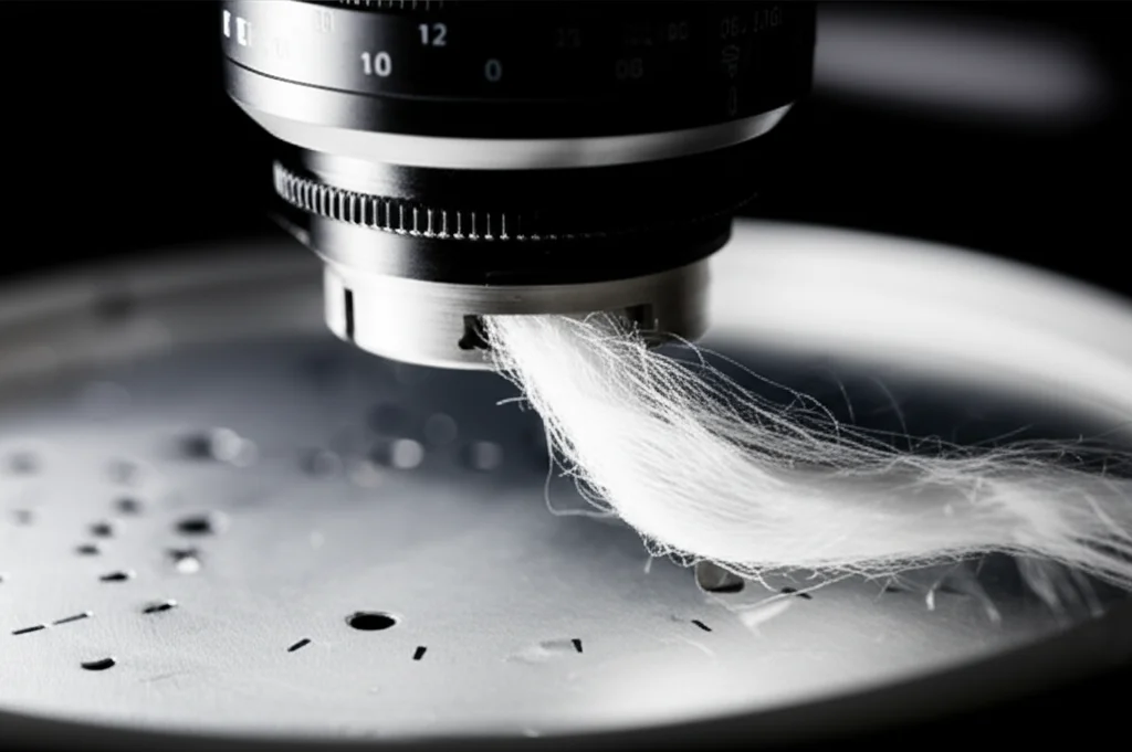 Macro 60mm, primo piano di fibre di cotone analizzate da uno strumento HVI (High Volume Instrumentation) in un laboratorio di ricerca, illuminazione precisa per dettagli, messa a fuoco selettiva sulla fibra.