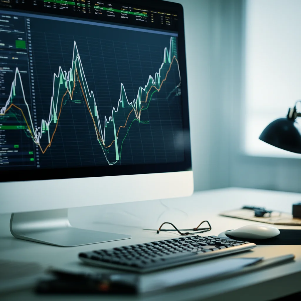 Schermo di computer che mostra grafici e dati complessi relativi alla simulazione della qualità della fibra di cotone, con linee di tendenza e punti dati, leggermente sfocato sullo sfondo per dare profondità, illuminazione da ufficio.
