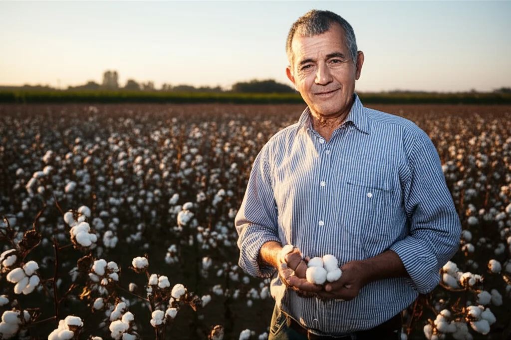 Ritratto, 35mm, un agricoltore esperto che ispeziona con soddisfazione una capsula di cotone di alta qualità nel suo campo, luce calda del tardo pomeriggio, profondità di campo per mettere a fuoco l'agricoltore e il cotone.