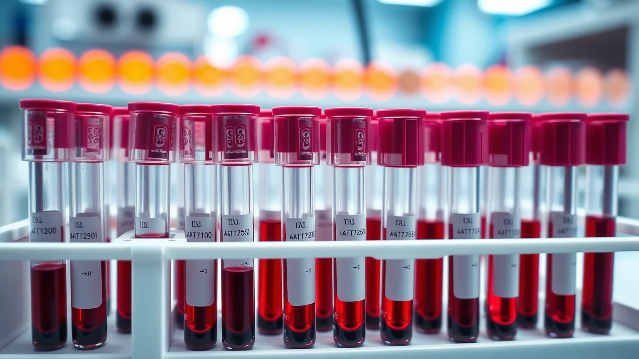 Immagine fotorealistica di provette di sangue in un rack all'interno di un moderno laboratorio di analisi. Macro lens, 100mm, high detail, precise focusing, controlled lighting, che simboleggia il processo diagnostico avanzato per l'epatite delta.