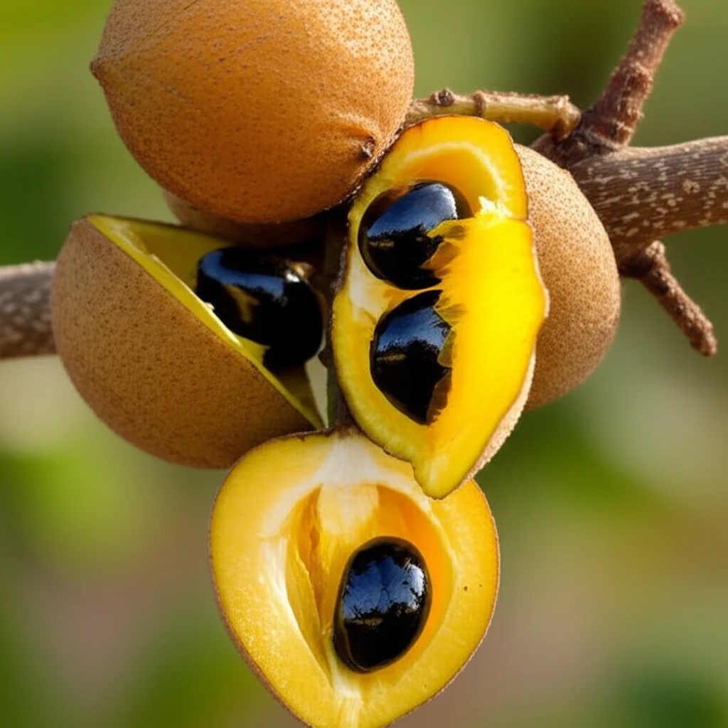 Frutti maturi di Saba senegalensis appesi a un ramo, alcuni aperti per mostrare la polpa gialla e i semi interni. Luce naturale morbida, stile macro fotografia, lente 85mm, alta definizione, messa a fuoco precisa sulla texture del frutto e dei semi.