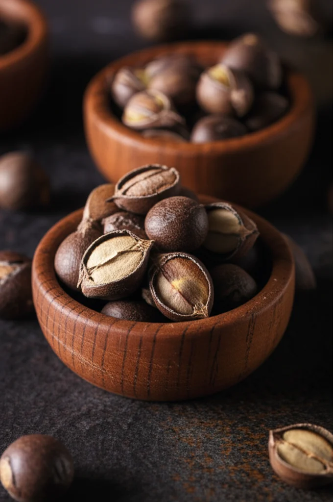Primo piano di semi essiccati e bucce macinate di Saba senegalensis in piccole ciotole di legno su un tavolo rustico. Illuminazione controllata da studio, lente macro 100mm, altissimo dettaglio della polvere e della texture dei semi, colori naturali caldi.