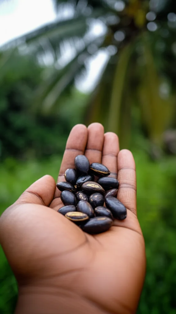 Una mano che tiene delicatamente alcuni semi scuri di Saba senegalensis, con sfondo sfocato di vegetazione tropicale del Burkina Faso. Stile ritratto di oggetto, lente 50mm, profondità di campo ridotta, luce solare filtrata tra le foglie.