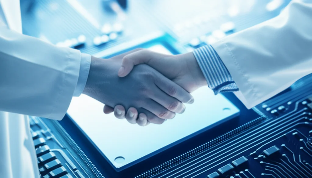 Fotografia macro di chip elettronici moderni sovrapposti a una stretta di mano tra due professionisti in camice bianco, illuminazione controllata, alta definizione, obiettivo 90mm, a simboleggiare l'integrazione tra tecnologia e fiducia nel settore farmaceutico.
