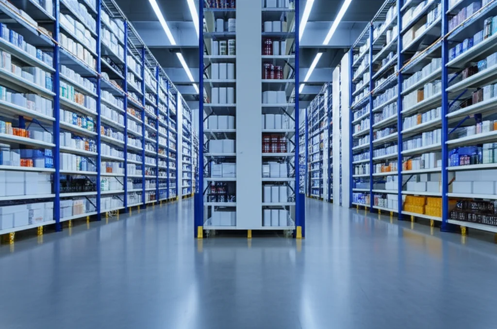 Fotografia grandangolare 20mm di un magazzino farmaceutico moderno e automatizzato, con robot che spostano scatole di medicinali su scaffali alti, luci brillanti e pulite, messa a fuoco nitida, a rappresentare l'efficienza della supply chain potenziata dalla tecnologia.