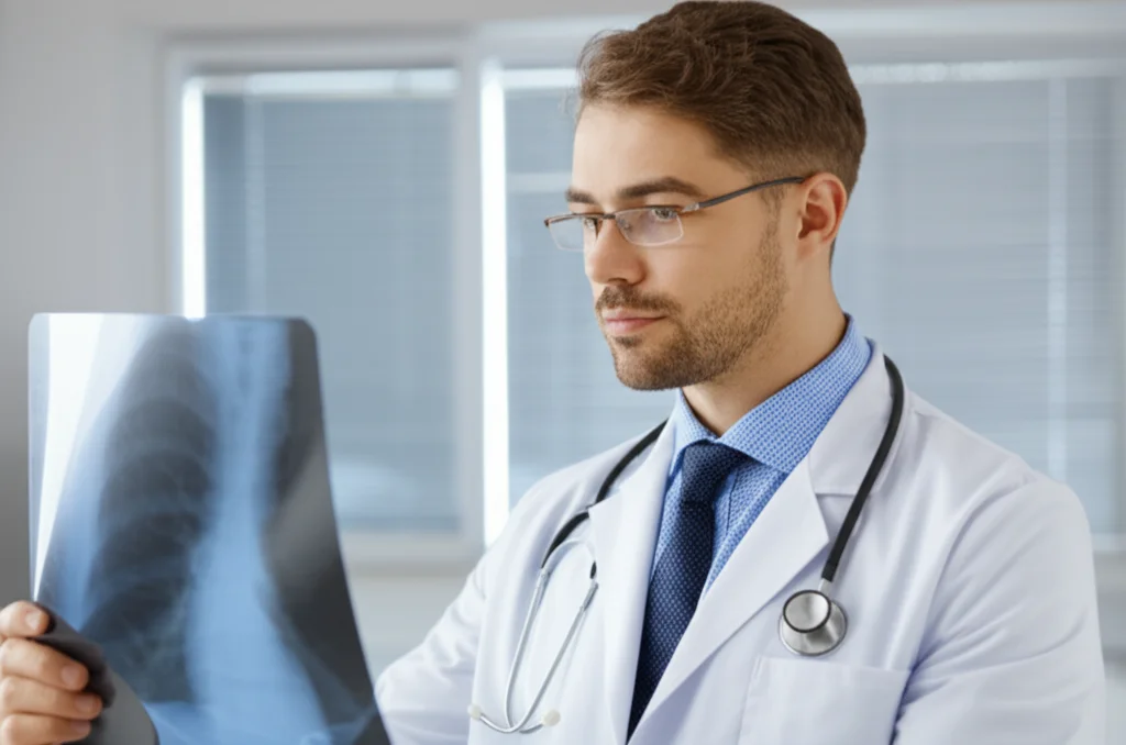 Un medico nefrologo, in un ambiente clinico moderno e luminoso, esamina con attenzione una radiografia renale, pensieroso. Luce controllata, obiettivo prime da 35mm, profondità di campo per mettere a fuoco il medico e la lastra.