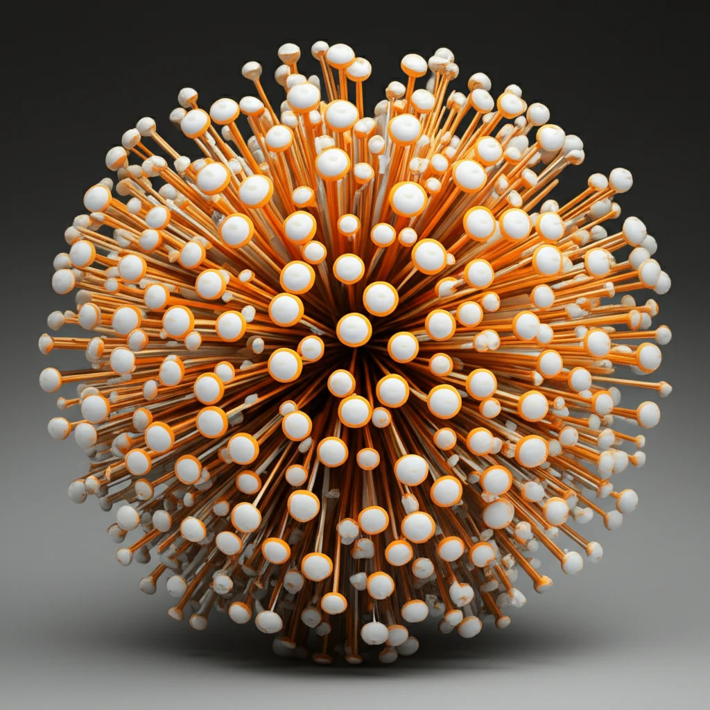 Visualizzazione astratta 3D di un nucleo centrale complesso (oggetto) composto da molteplici elementi geometrici semplici e luminosi (tropi) strettamente uniti. Teleobiettivo 150mm per comprimere la prospettiva, messa a fuoco precisa sul nucleo, sfondo scuro e pulito, alta definizione dei dettagli.