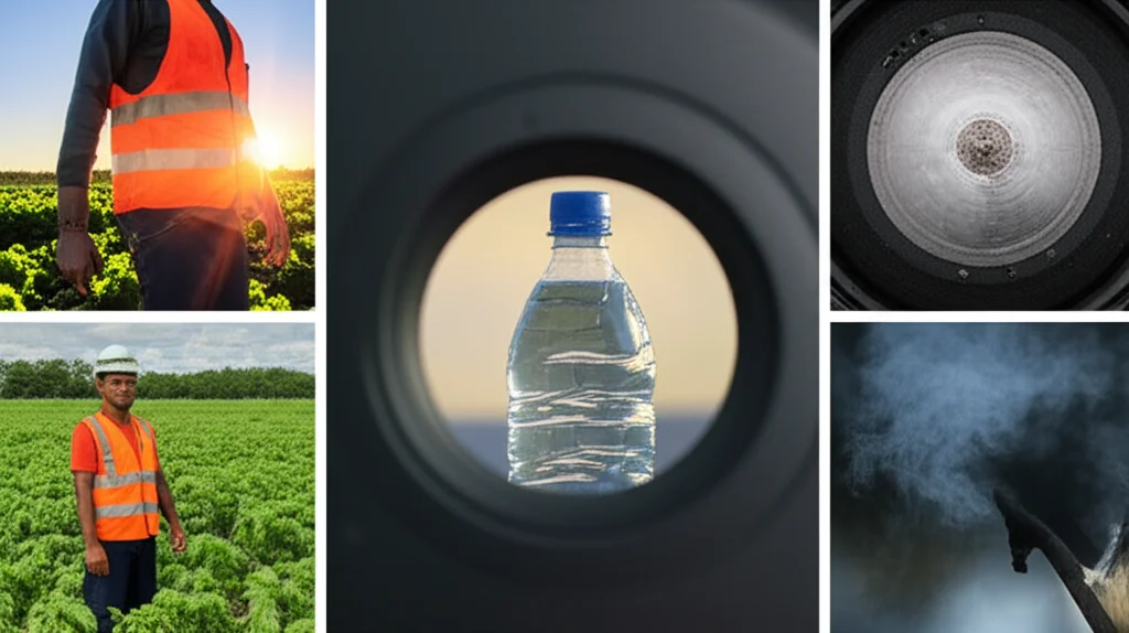 Un collage stilizzato che rappresenta diversi fattori di rischio per la CKDu: un lavoratore agricolo sotto il sole cocente (teleobiettivo, fast shutter speed), una bottiglia d'acqua accanto a prodotti chimici agricoli (macro lens, 60mm, high detail), fumo da rifiuti bruciati. Il tutto disposto in modo da suggerire un'indagine complessa.