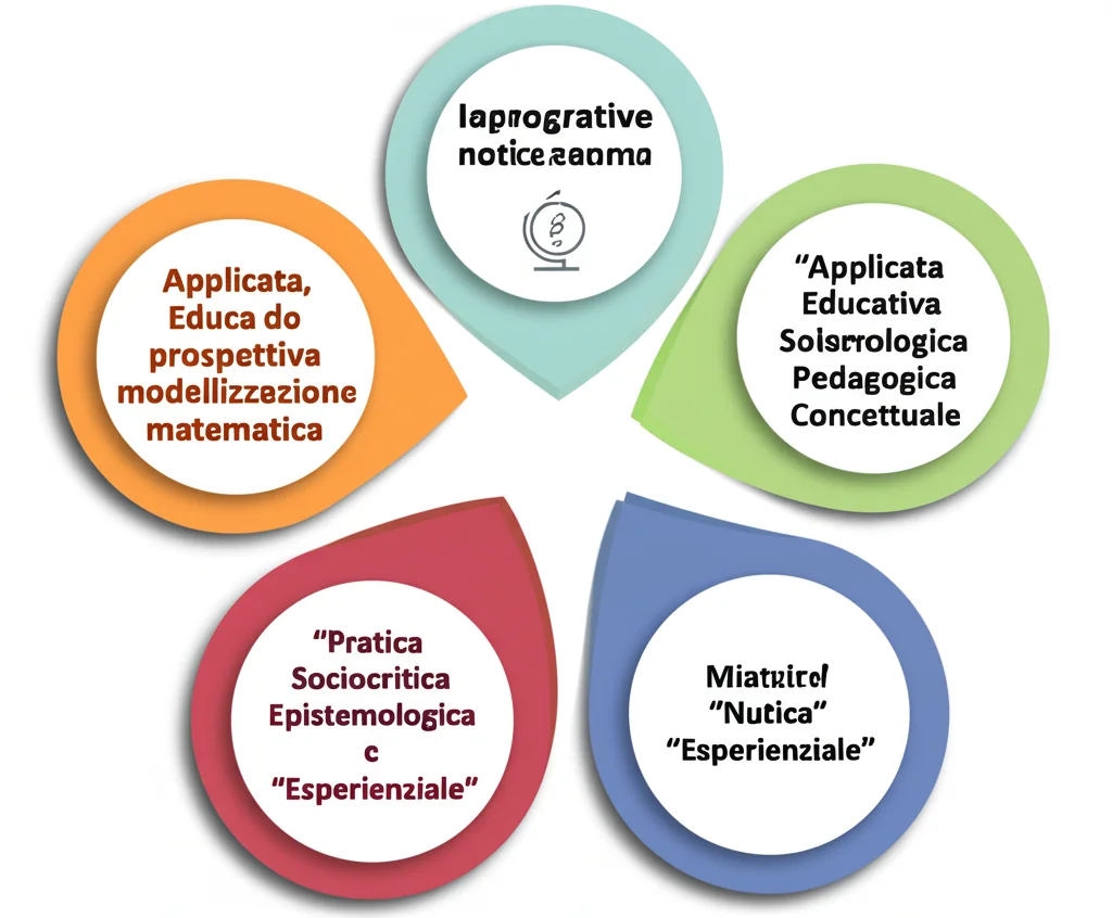 Infografica astratta che mostra sei cerchi colorati interconnessi, ognuno rappresentante una prospettiva della modellizzazione matematica (Applicata, Educativa, Sociocritica, Epistemologica, Pedagogica, Concettuale), con icone stilizzate all'interno di ogni cerchio. Due cerchi aggiuntivi, leggermente diversi, rappresentano le nuove prospettive 'Pratica' ed 'Esperienziale'. Macro lens, 100mm, high detail, controlled lighting.