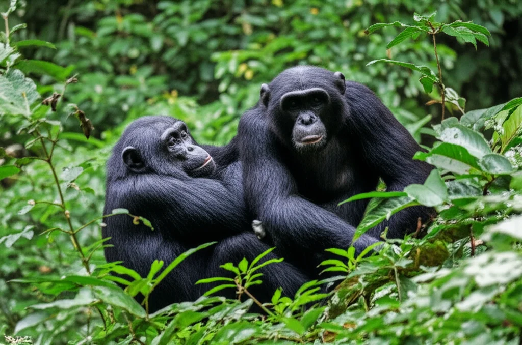 Un giovane scimpanzé dell'Africa occidentale selvatico interagisce da vicino e in modo sicuro con sua madre nella lussureggiante chioma verde del Parco Nazionale di Taï. Teleobiettivo zoom, 150mm, alta velocità dell'otturatore, tracciamento del movimento o dell'azione, catturando un tenero momento di grooming o gioco gentile, alto dettaglio.
