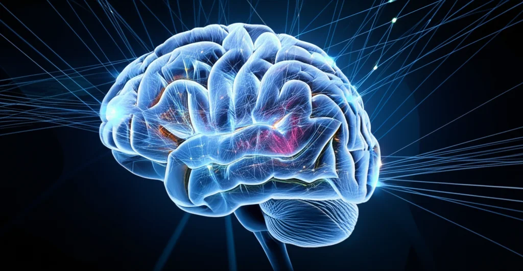 Visualizzazione 3D fotorealistica di una rete neurale complessa con nodi luminosi e connessioni, sovrapposta a un'immagine stilizzata della corteccia cerebrale. Dettagli: obiettivo macro 100mm, alta definizione, illuminazione controllata per evidenziare la complessità della rete e la struttura cerebrale.