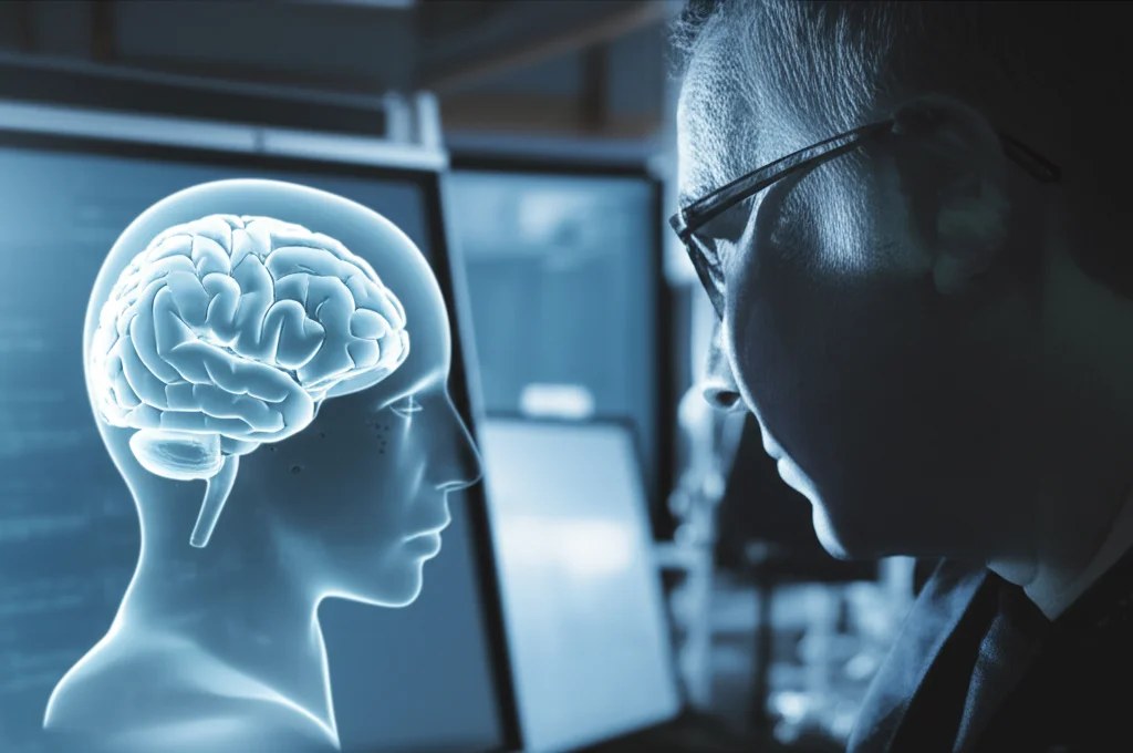 Primo piano di un ricercatore che osserva attentamente un modello 3D del cervello umano parcellizzato su uno schermo olografico in un laboratorio high-tech. Dettagli: ritratto, obiettivo 35mm, duotone blu e grigio, profondità di campo per mettere a fuoco il ricercatore e il modello cerebrale.