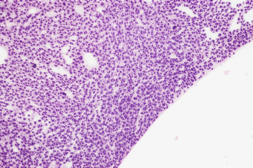 Microscopia di tessuto tiroideo tumorale con colorazione immunoistochimica marrone per la proteina p65 nel nucleo delle cellule, alta definizione, obiettivo macro 100mm, focus preciso sui nuclei cellulari.