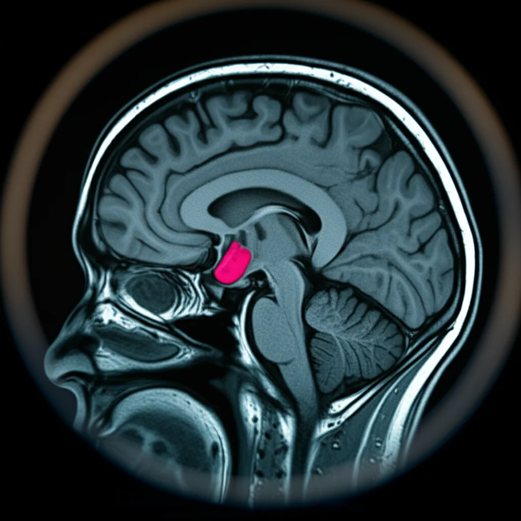 Detailed view of an enhanced MRI brain scan showing a meningioma tumor, macro lens, high detail.