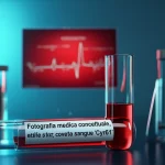 Fotografia medica concettuale, primo piano di una provetta di sangue etichettata 'Cyr61', con sfondo sfocato di un diagramma del cuore e vasi sanguigni stilizzati rossi e blu. Illuminazione controllata da laboratorio, obiettivo macro 90mm, alta definizione, focus preciso sull'etichetta della provetta.
