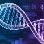Immagine concettuale di una doppia elica di DNA stilizzata e luminosa sovrapposta a dati clinici astratti e grafici su uno schermo digitale scuro, illuminazione soffusa high-tech, colori blu e viola duotone, obiettivo 50mm, focus sull'elica del DNA.