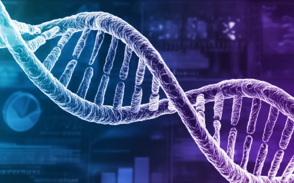Immagine concettuale di una doppia elica di DNA stilizzata e luminosa sovrapposta a dati clinici astratti e grafici su uno schermo digitale scuro, illuminazione soffusa high-tech, colori blu e viola duotone, obiettivo 50mm, focus sull'elica del DNA.