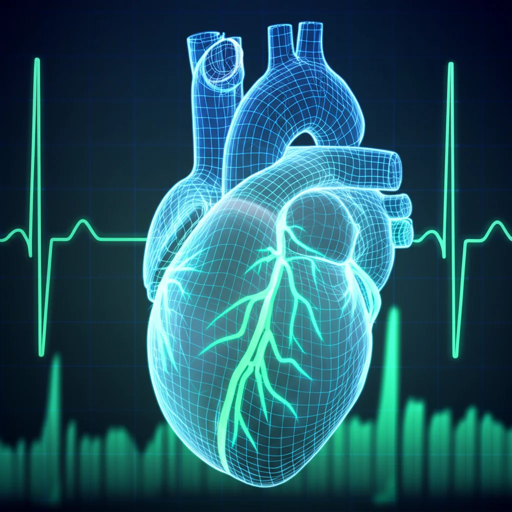Immagine concettuale fotorealistica di un cuore umano stilizzato con linee luminose blu e verdi che rappresentano la variabilità della frequenza cardiaca respiratoria (RespHRV) ripristinata, sovrapposto a un grafico ECG dinamico e sfocato su sfondo scuro, toni blu e verdi duotone, obiettivo 35mm, profondità di campo accentuata per mettere a fuoco il cuore.
