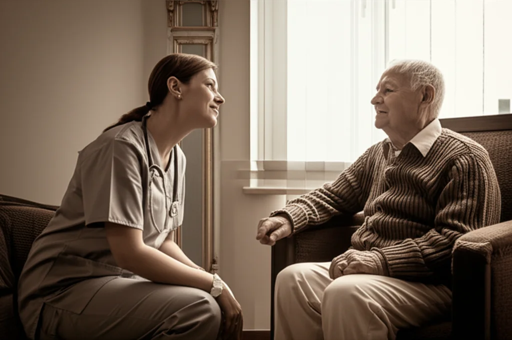 Immagine fotorealistica che cattura l'essenza del supporto all'autonomia: un'infermiera sorridente che ascolta attivamente un paziente anziano seduto su una poltrona vicino a una finestra, discutendo delle sue preferenze per la giornata. Obiettivo prime 35mm, luce naturale morbida, atmosfera di fiducia e rispetto, duotono seppia e crema per un effetto caldo e umano.