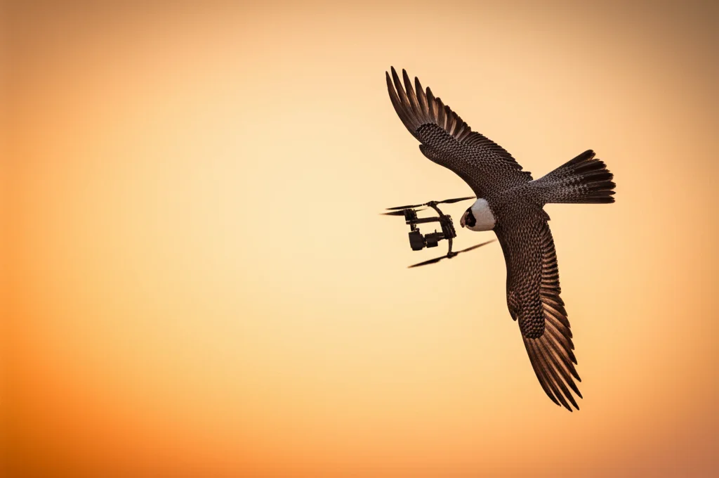 Immagine fotorealistica di un drone high-tech che vola vicino a un falco pellegrino in picchiata, entrambi contro un cielo al tramonto. Il contrasto tra tecnologia e natura simboleggia la sfida del rilevamento e l'ispirazione biologica. Telephoto lens 300mm, fast shutter speed, action tracking, profondità di campo ridotta per isolare i soggetti.