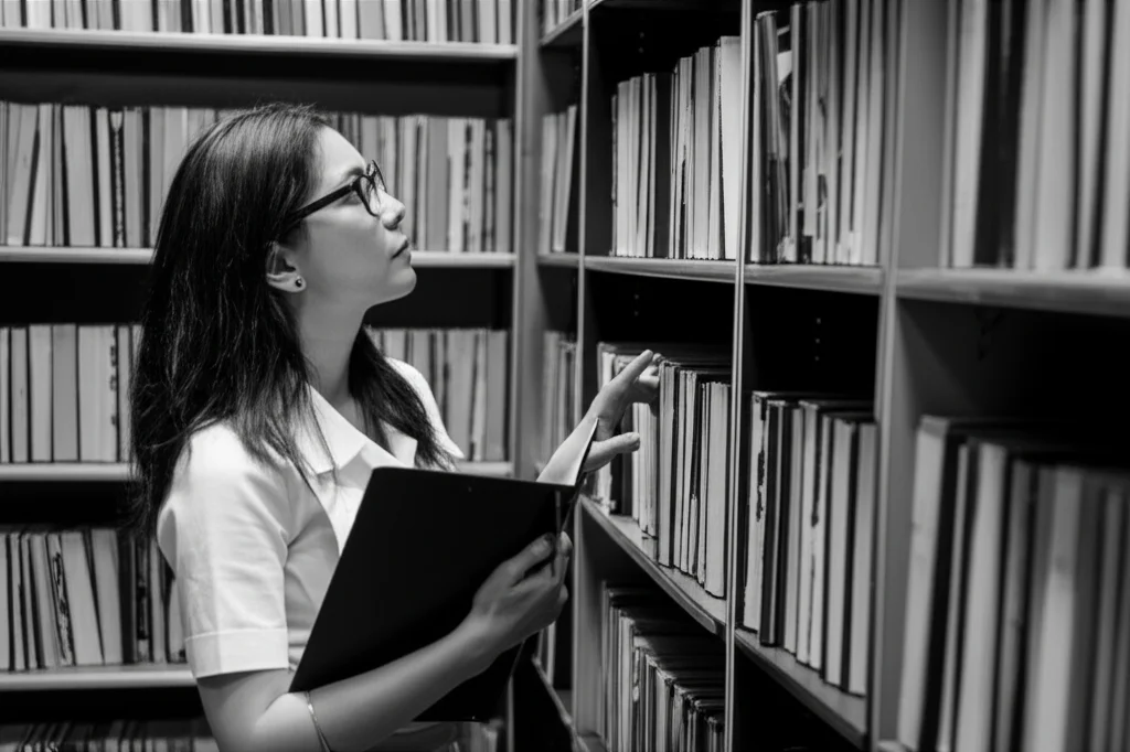 Immagine fotorealistica di una donna ricercatrice che guarda pensierosa una libreria piena di volumi accademici. Obiettivo prime 35mm, profondità di campo, luce naturale da finestra laterale, stile film noir leggero per enfatizzare la riflessione e la complessità del tema del gender gap.