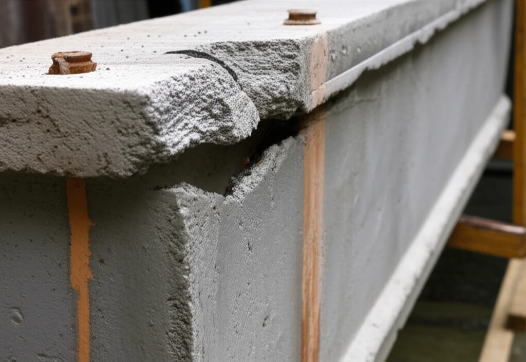 Immagine fotorealistica, obiettivo grandangolare, lunghezza focale 24mm, che mostra una trave in cemento armato parzialmente danneggiata dal fuoco mentre viene rinforzata con una piastra d'acciaio incollata esternamente su una sezione e una striscia di CFRP su un'altra, messa a fuoco nitida su tutta la trave, illuminazione controllata drammatica che evidenzia il contrasto tra le sezioni danneggiate e quelle riparate.