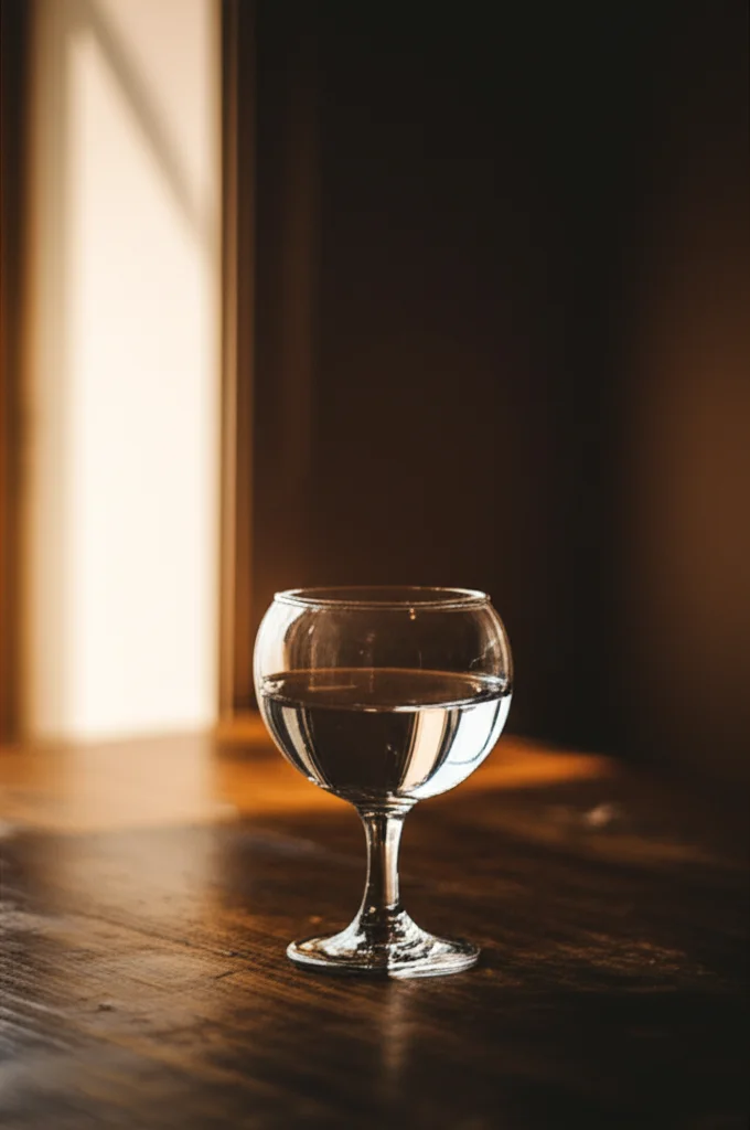 Immagine simbolica di un bicchiere mezzo pieno e uno mezzo vuoto affiancati su un tavolo di legno rustico, con una luce calda e soffusa proveniente da una finestra laterale che illumina maggiormente il bicchiere mezzo pieno, fotografia still life, obiettivo 50mm prime, messa a fuoco selettiva sul bordo del bicchiere pieno, sfondo leggermente sfocato, concetto di ottimismo e prospettiva.