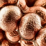 Photorealistic macro shot of copper catalyst particles coated with a transparent ionomer layer, showing high detail and precise focusing under controlled lab lighting, 100mm macro lens.