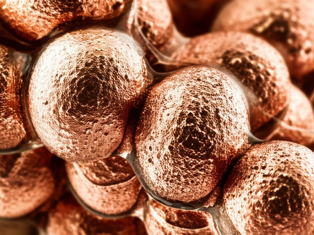 Photorealistic macro shot of copper catalyst particles coated with a transparent ionomer layer, showing high detail and precise focusing under controlled lab lighting, 100mm macro lens.