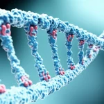 Primo piano fotorealistico di un filamento di DNA bovino con marcatori epigenetici (metilazione) evidenziati in modo schematico, visualizzato con un obiettivo macro 100mm per massimo dettaglio, illuminazione da laboratorio controllata che crea ombre morbide e mette in risalto la struttura elicoidale, sfondo scientifico leggermente sfocato.