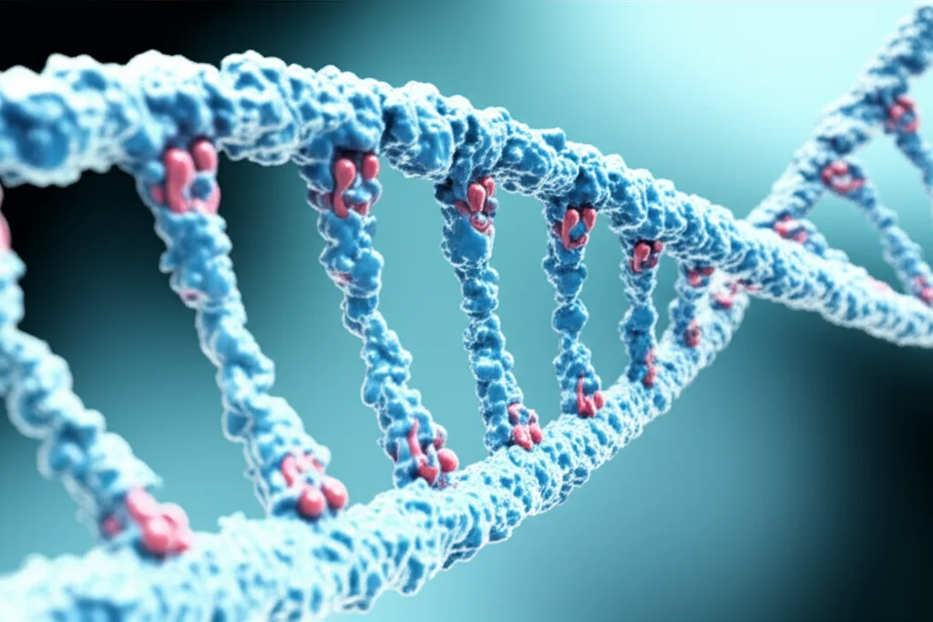 Primo piano fotorealistico di un filamento di DNA bovino con marcatori epigenetici (metilazione) evidenziati in modo schematico, visualizzato con un obiettivo macro 100mm per massimo dettaglio, illuminazione da laboratorio controllata che crea ombre morbide e mette in risalto la struttura elicoidale, sfondo scientifico leggermente sfocato.