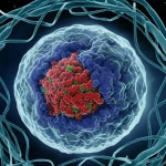 Visualizzazione artistica 3D di una proteina MRG15 che forma un condensato liquido (una goccia traslucida e dinamica) all'interno di un nucleo cellulare stilizzato, con filamenti di DNA luminosi visibili sullo sfondo. Illuminazione drammatica che evidenzia il condensato, focus selettivo sulla goccia proteica, stile fotorealistico con dettagli molecolari accennati.