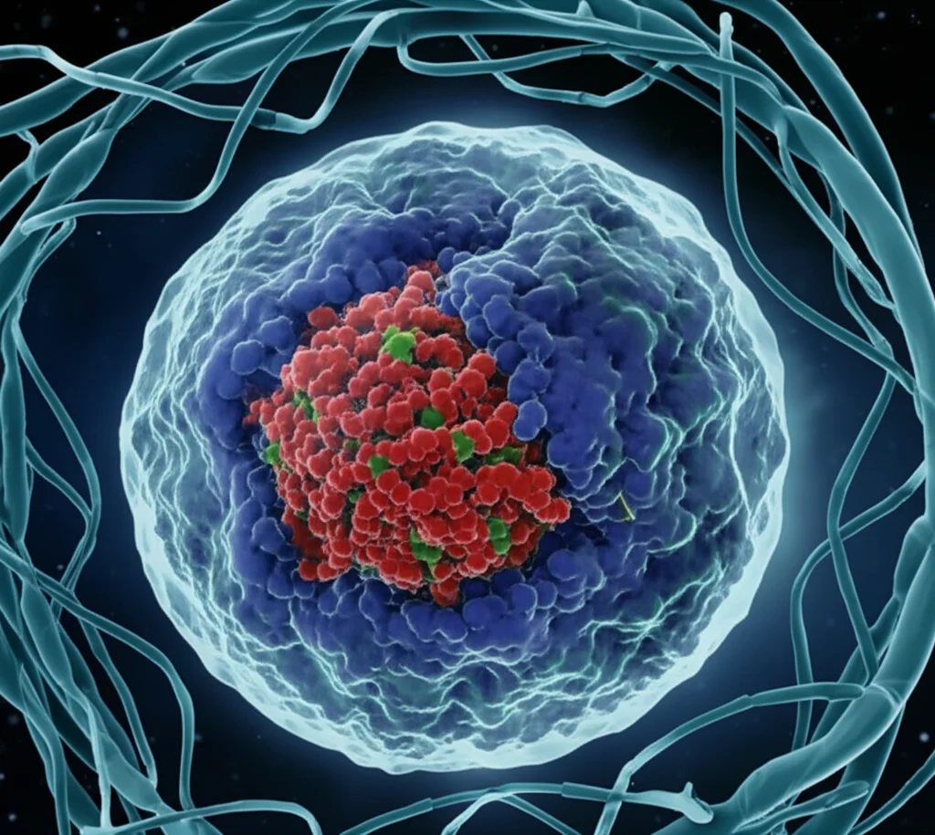 Visualizzazione artistica 3D di una proteina MRG15 che forma un condensato liquido (una goccia traslucida e dinamica) all'interno di un nucleo cellulare stilizzato, con filamenti di DNA luminosi visibili sullo sfondo. Illuminazione drammatica che evidenzia il condensato, focus selettivo sulla goccia proteica, stile fotorealistico con dettagli molecolari accennati.