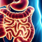 Visualizzazione concettuale astratta che collega un linfonodo infiammato stilizzato all'intestino tenue con segni di infiammazione, sfondo medico sfocato, colori tenui blu e arancio duotone, profondità di campo.