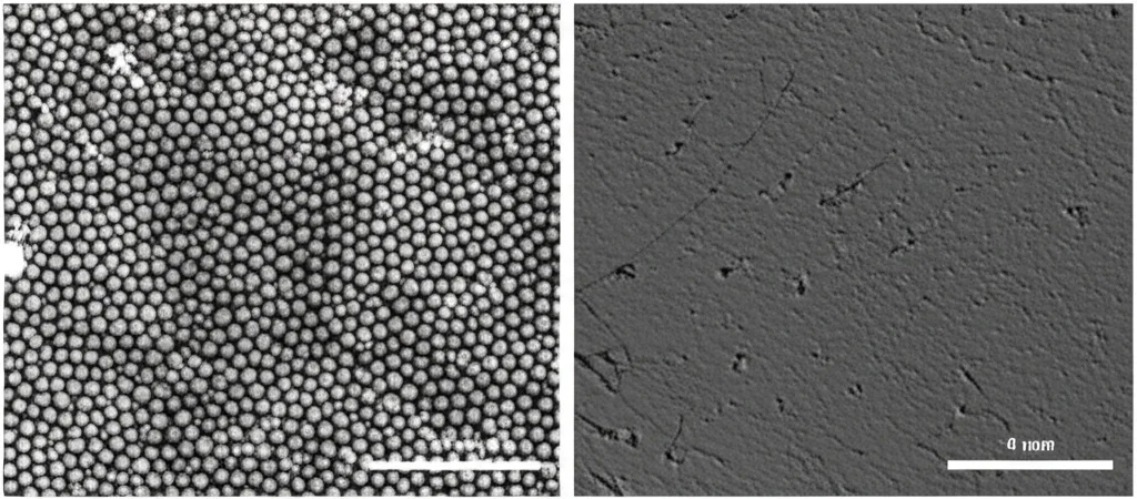 Photorealistic image showing a comparison between two samples of ductile iron under a microscope: one from a thin casting section with well-formed spheroidal graphite nodules, and one from a thick casting section showing chunky graphite and porosity. Objects, macro lens, 105mm, high detail, precise focusing, controlled lighting.
