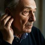 Ritratto intenso di una persona anziana che si tocca leggermente l'orecchio con un'espressione riflessiva, simboleggiando il legame tra udito e funzione cognitiva, luce laterale morbida, obiettivo 35mm, profondità di campo ridotta.