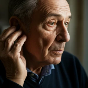 Ritratto intenso di una persona anziana che si tocca leggermente l'orecchio con un'espressione riflessiva, simboleggiando il legame tra udito e funzione cognitiva, luce laterale morbida, obiettivo 35mm, profondità di campo ridotta.