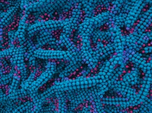 Visualizzazione fotorealistica 3D di molecole di colorante indaco carminio blu (strutture chimiche complesse) che vengono attratte e adsorbite sulla superficie nanostrutturata e porosa di un composito di ossido di grafene modificato con polianilina (PAN@PRGO), rappresentato come fogli scuri interconnessi. Vista macro con obiettivo 90mm, illuminazione da studio che evidenzia le texture e le interazioni molecolari, alta definizione, concetto scientifico di purificazione dell'acqua a livello molecolare.