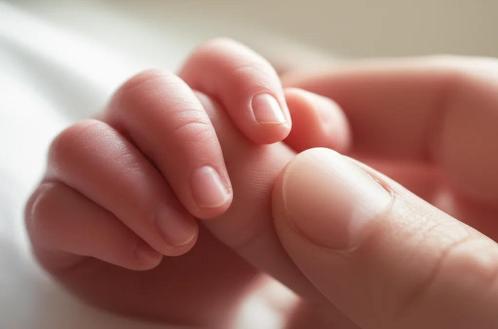 A photorealistic 35mm portrait of a tiny newborn's hand holding an adult finger, symbolizing hope and early care.