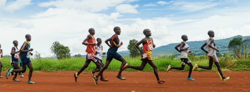 Gruppo di atleti di resistenza ugandesi, maschi e femmine adolescenti, che si allenano insieme correndo all'alba sulle colline ondulate della regione di Sebei, Uganda. Fotografia panoramica con obiettivo grandangolare 18mm, lunga esposizione per rendere le nuvole soffuse nel cielo dorato, messa a fuoco nitida sul paesaggio e sugli atleti in movimento dinamico.