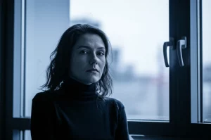 Ritratto fotografico in primo piano di una persona con espressione stanca ma riflessiva, che guarda fuori da una finestra in una giornata nuvolosa. Obiettivo prime 50mm, luce naturale controllata proveniente dalla finestra, profondità di campo ridotta per sfocare lo sfondo, toni leggermente freddi (blu/grigio duotone) per trasmettere introspezione e la sensazione di 'nebbia mentale' associata al Post-COVID.