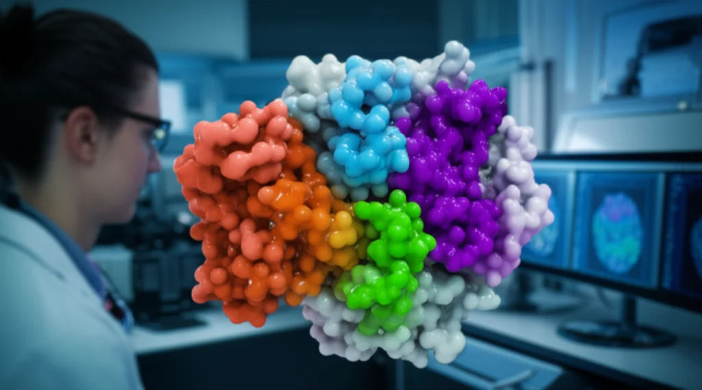 Modello 3D della proteina KRASG12C (struttura a nastro grigio chiaro) con un peptide inibitore (rosa) legato covalentemente alla cisteina C12 (marrone), evidenziando i residui di interazione (ciano) in una tasca di legame. Visualizzazione scientifica su schermo di computer in un laboratorio moderno. Prime lens, 35mm, depth of field, precise focusing.