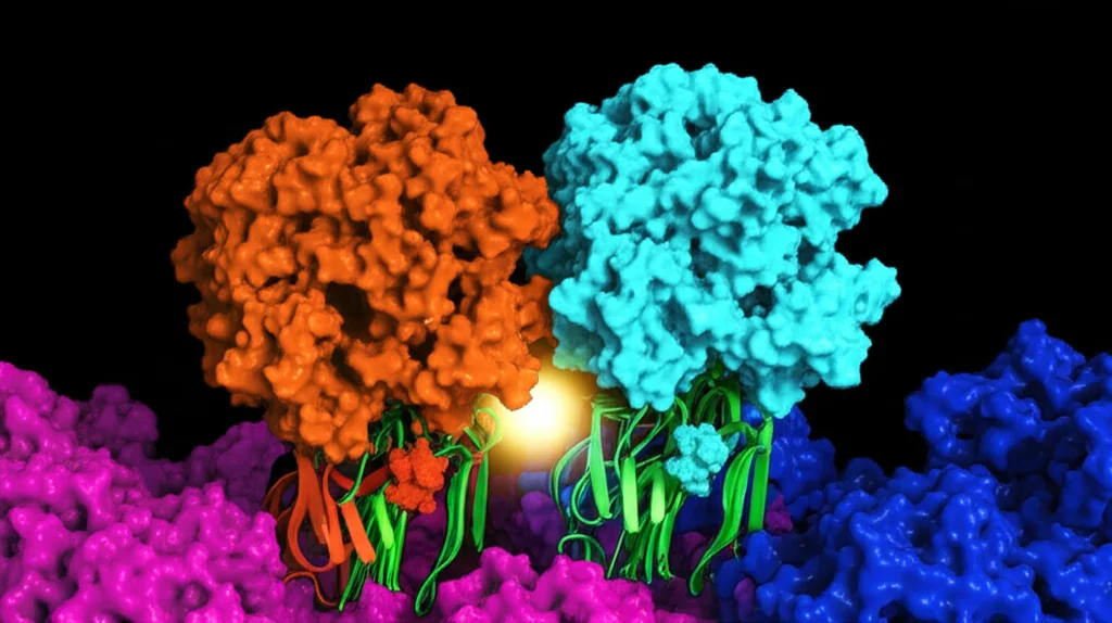 Visualizzazione 3D fotorealistica dell'interazione tra due proteine (MAST3 e YAP) a livello molecolare, 80mm macro, alta definizione, con MAST3 che aggiunge un tag di fosforilazione (un bagliore) a YAP, portando alla sua marcatura per la degradazione (ubiquitinazione), illuminazione drammatica.