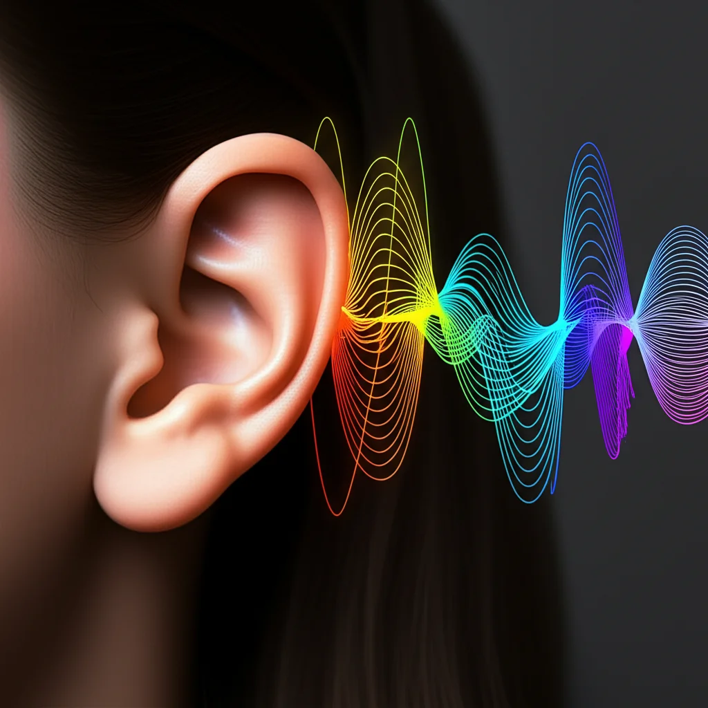 Primo piano di un orecchio umano con onde sonore stilizzate che si avvicinano, rappresentando l'impatto del rumore. Obiettivo macro 100mm, alta definizione, illuminazione laterale controllata per evidenziare la forma dell'orecchio, sfondo neutro sfocato.
