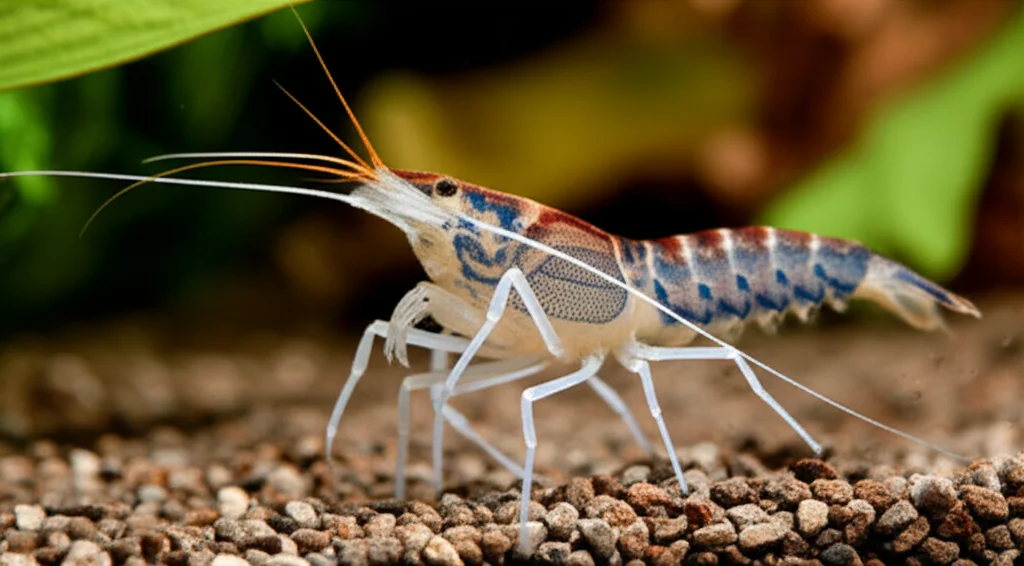 Primo piano macro di un gambero d'acqua dolce Macrobrachium acanthurus in un acquario di laboratorio, obiettivo macro 100mm, alta definizione, illuminazione controllata, messa a fuoco precisa sui dettagli delle antenne e del carapace.