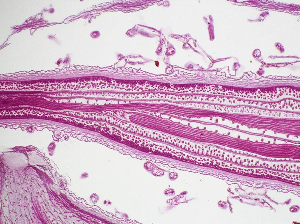 Microfotografia ad alta risoluzione di tessuto di epatopancreas di gambero, visualizzando cellule e strutture interne con dettagli dei vacuoli lipidici, obiettivo macro 60mm, illuminazione scientifica controllata, dettagli precisi.